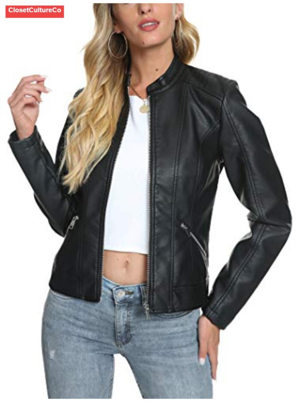 Faux Leather Jacket Stand Collar Fitted Moto Biker Coat S-XXL